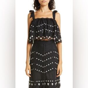 Saloni Jemi Floral-Embroidered Silk Crop Top – Size 6 NWT Square Neck Tie-Strap
